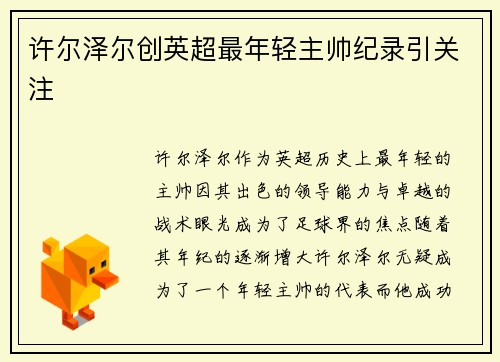 许尔泽尔创英超最年轻主帅纪录引关注
